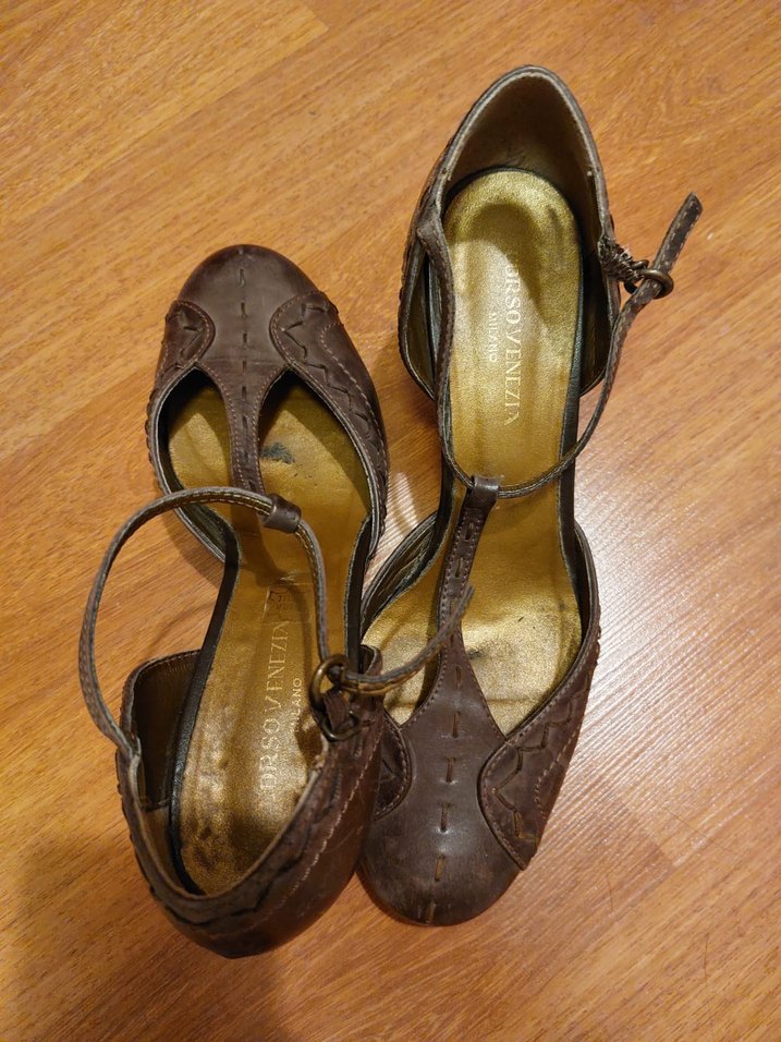 VİNTAGE Kahverengi Deri Kemerli Dolgu Topuklu Kadın Ayakkabı - Görsel 3