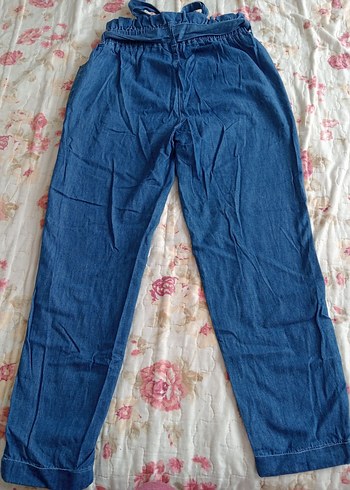 Kadın Mavi Kemerli Bol Kesim Kot Pantolon - Görsel 2