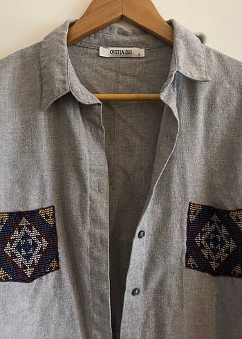 Nakışlı Gri Bohem Kadın Gömlek - Görsel 2