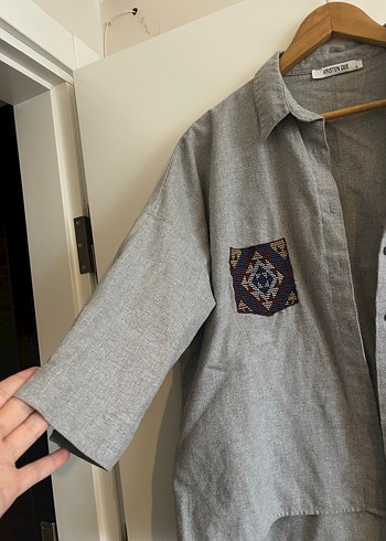 Nakışlı Gri Bohem Kadın Gömlek - Görsel 3