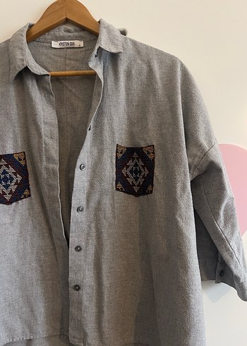 Nakışlı Gri Bohem Kadın Gömlek - Görsel 4