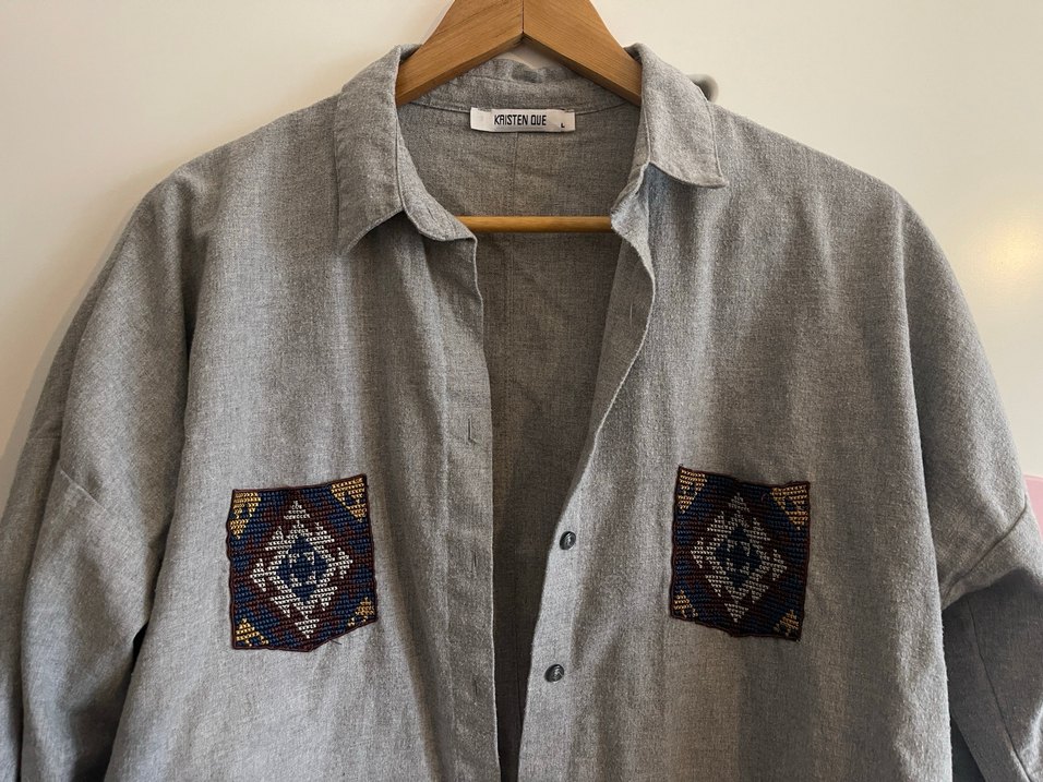 Nakışlı Gri Bohem Kadın Gömlek - Görsel 2