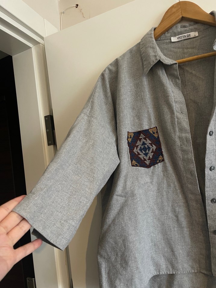 Nakışlı Gri Bohem Kadın Gömlek - Görsel 3