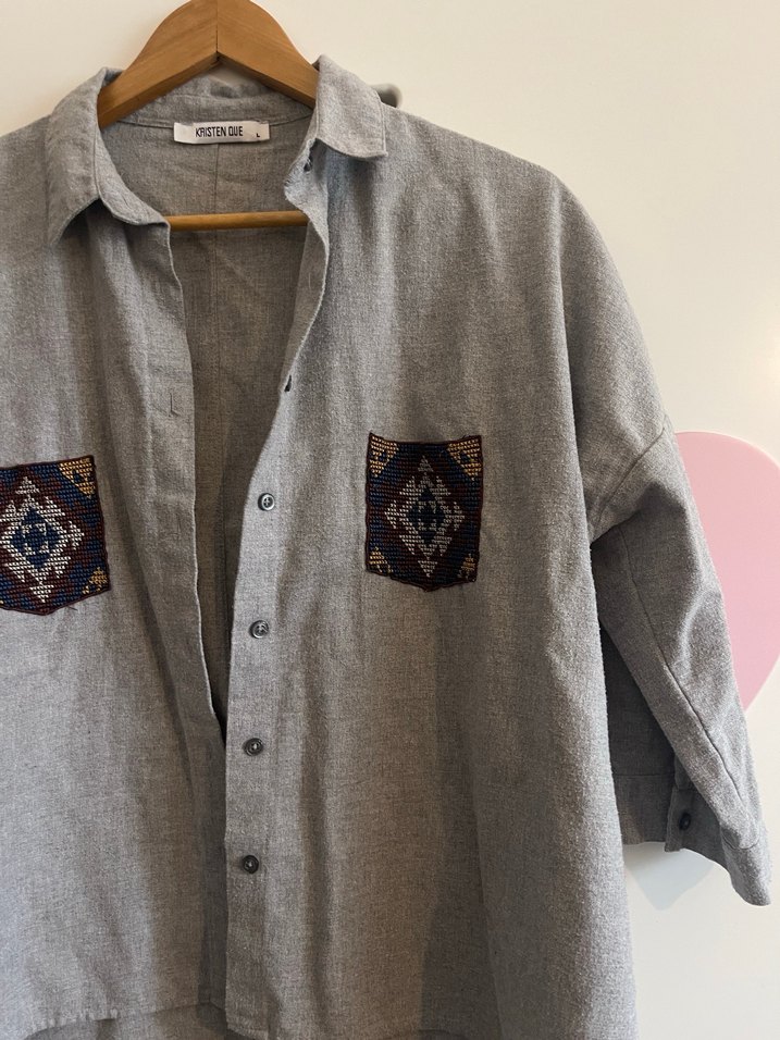 Nakışlı Gri Bohem Kadın Gömlek - Görsel 4