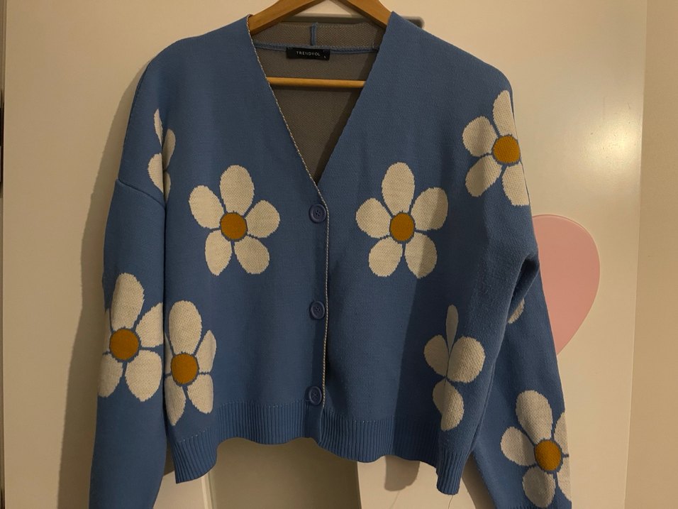 Çiçek Desenli Mavi Düğmeli Kadın Hırka - Görsel 4