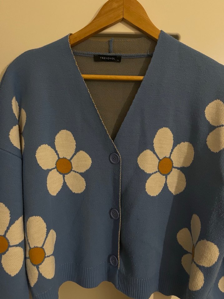 Çiçek Desenli Mavi Düğmeli Kadın Hırka - Görsel 2