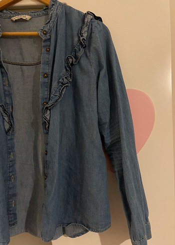 Kadın Mavi Denim Fırfırlı Gömlek - Görsel 3