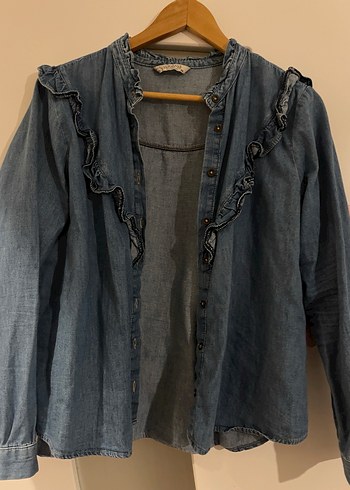 Kadın Mavi Denim Fırfırlı Gömlek - Görsel 4