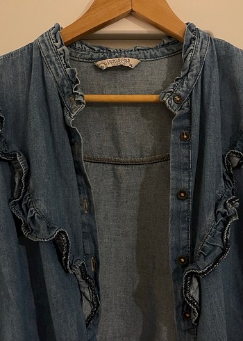 Kadın Mavi Denim Fırfırlı Gömlek - Görsel 2