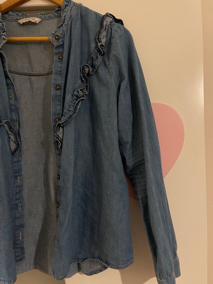 Kadın Mavi Denim Fırfırlı Gömlek - Görsel 3