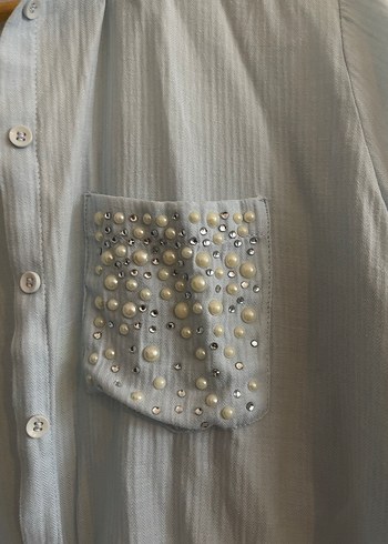 Düğmeli Mavi Keten Gömlek - Görsel 3