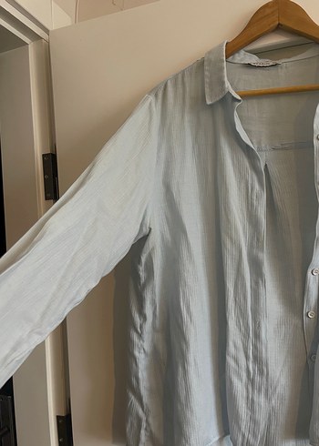 Düğmeli Mavi Keten Gömlek - Görsel 4