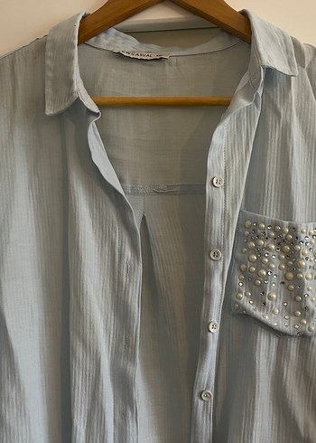 Düğmeli Mavi Keten Gömlek - Görsel 2