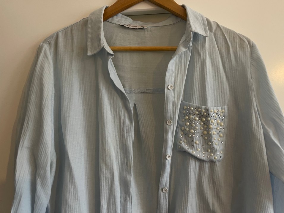 Düğmeli Mavi Keten Gömlek - Görsel 2