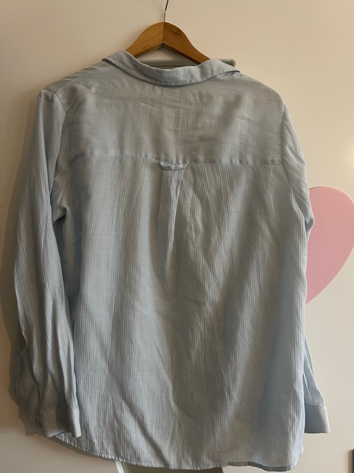 Düğmeli Mavi Keten Gömlek - Görsel 5