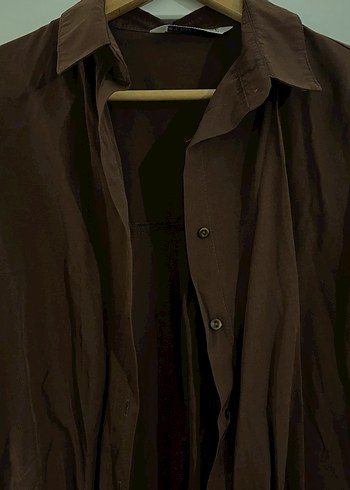 Düğmeli Kahverengi Keten Kadın Gömlek - Görsel 2