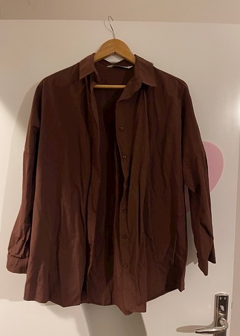 Düğmeli Kahverengi Keten Kadın Gömlek - Görsel 3