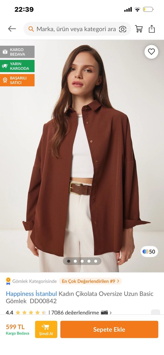 Düğmeli Kahverengi Keten Kadın Gömlek - Görsel 4