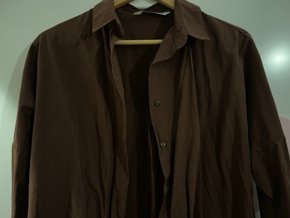 Düğmeli Kahverengi Keten Kadın Gömlek - Görsel 2