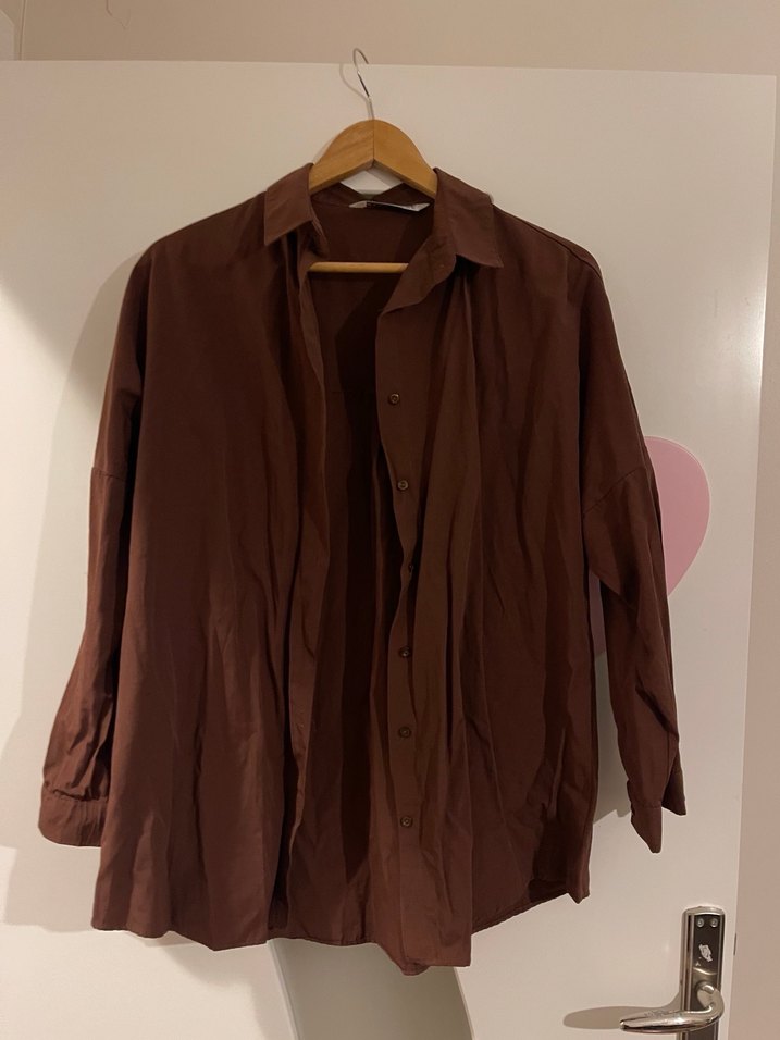 Düğmeli Kahverengi Keten Kadın Gömlek - Görsel 3