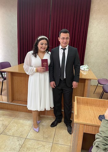 Nikahımda giydim. Uzun kol kruvaze yaka midi şifon elbise - Görsel 2