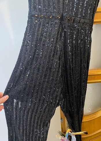 Kadın Siyah Payetli V Yakalı Uzun Tulum - Görsel 3