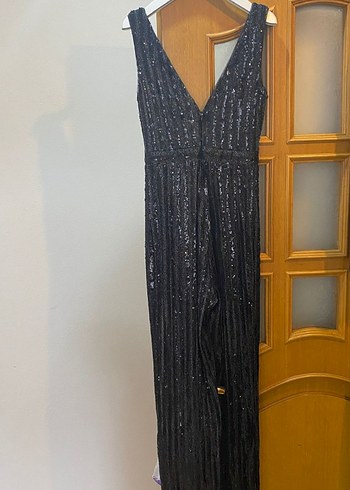 Kadın Siyah Payetli V Yakalı Uzun Tulum - Görsel 5