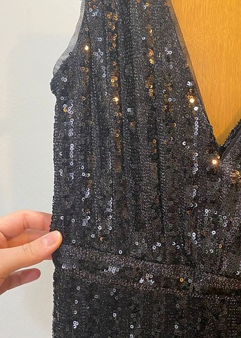 Kadın Siyah Payetli V Yakalı Uzun Tulum - Görsel 4