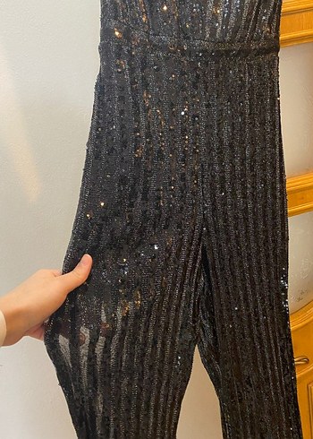 Kadın Siyah Payetli V Yakalı Uzun Tulum - Görsel 6