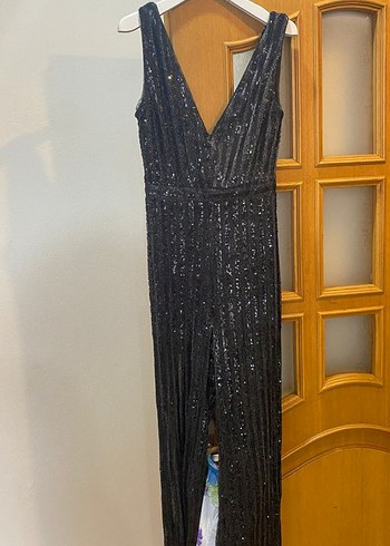 Kadın Siyah Payetli V Yakalı Uzun Tulum - Görsel 2