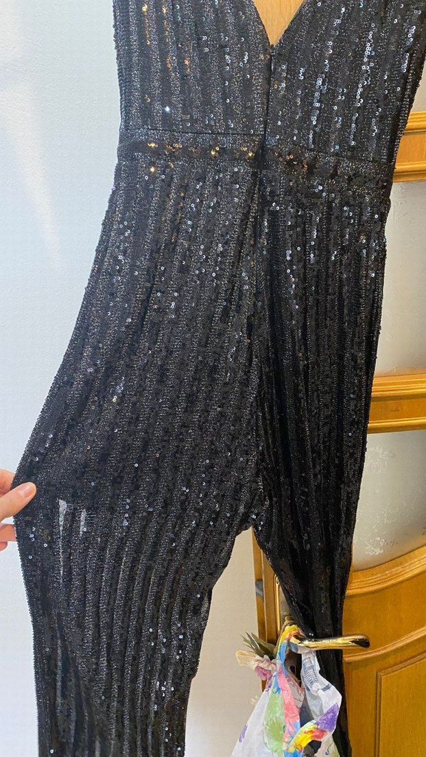 Kadın Siyah Payetli V Yakalı Uzun Tulum - Görsel 3