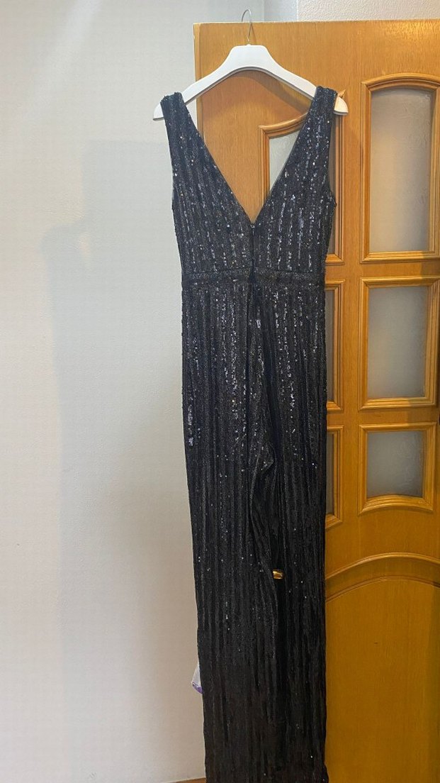 Kadın Siyah Payetli V Yakalı Uzun Tulum - Görsel 5