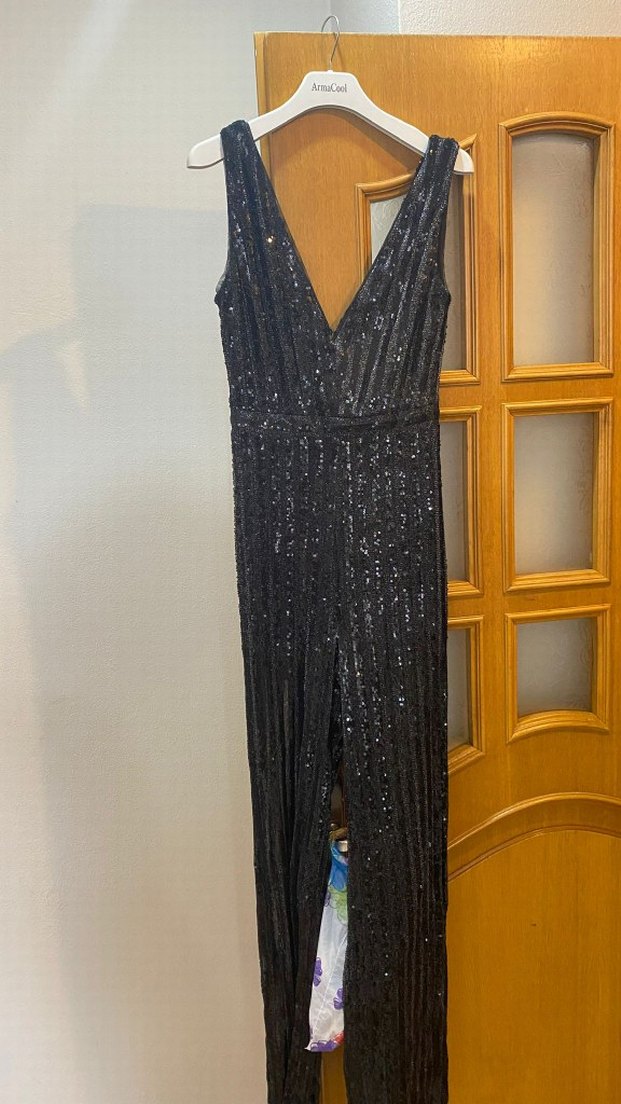 Kadın Siyah Payetli V Yakalı Uzun Tulum - Görsel 2