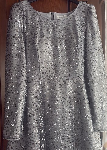 Gri Uzun Kollu Drapeli Abiye Elbise - Görsel 3