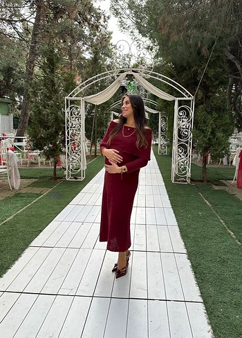 Bordo Uzun Kollu Hamile Abiye Elbise - Görsel 3