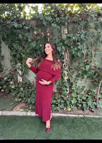 Bordo Uzun Kollu Hamile Abiye Elbise - Görsel 2