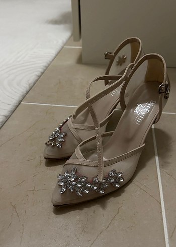 Bej Taşlı Yüksek Topuklu Kadın Abiye Ayakkabı - Görsel 2