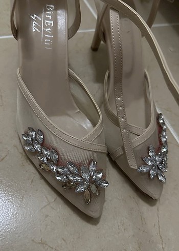 Bej Taşlı Yüksek Topuklu Kadın Abiye Ayakkabı - Görsel 5