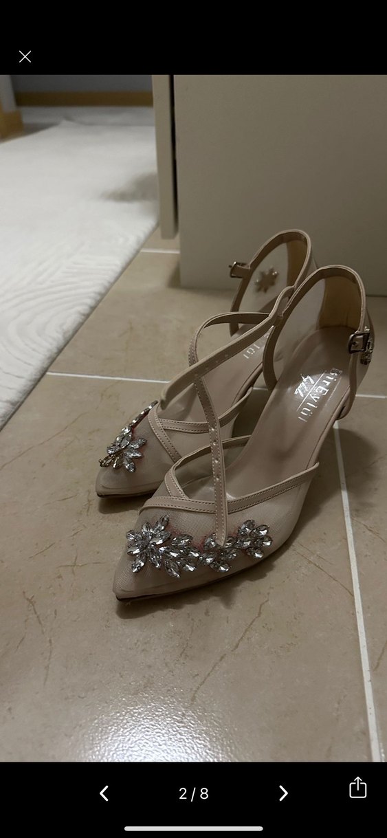 Bej Taşlı Yüksek Topuklu Kadın Abiye Ayakkabı - Görsel 2