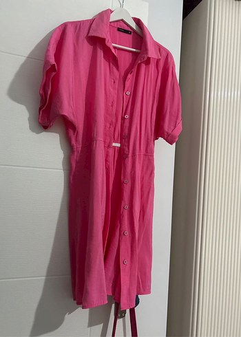 Defacto Düğmeli Pembe Keten Midi Gömlek