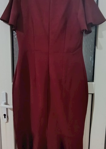 44 Beden bordo Renk Bordo V Yaka Midi Kalem Elbise