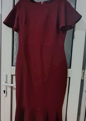 44 Beden Bordo V Yaka Midi Kalem Elbise