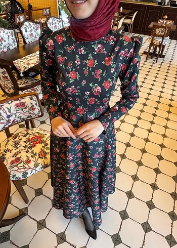 Abiye Çiçek Desenli Uzun Kol Vintage Elbise