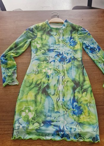Uzun Kollu, Renkli Batik Desenli Mini Elbise