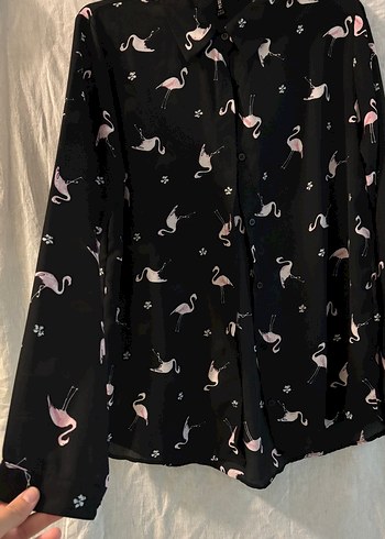 Pembe flamingo Desenli Siyah Uzun Kollu Gömlek