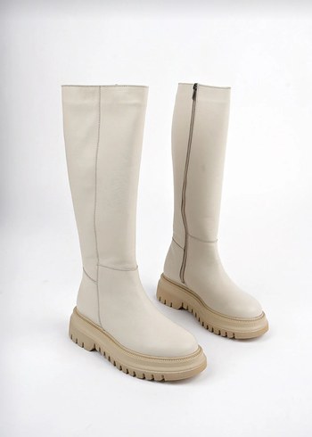 Beyaz Fermuarlı Stiletto Topuklu Diz Boyu Kadın Çizme - Görsel 2