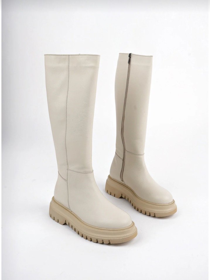 Beyaz Fermuarlı Stiletto Topuklu Diz Boyu Kadın Çizme - Görsel 2