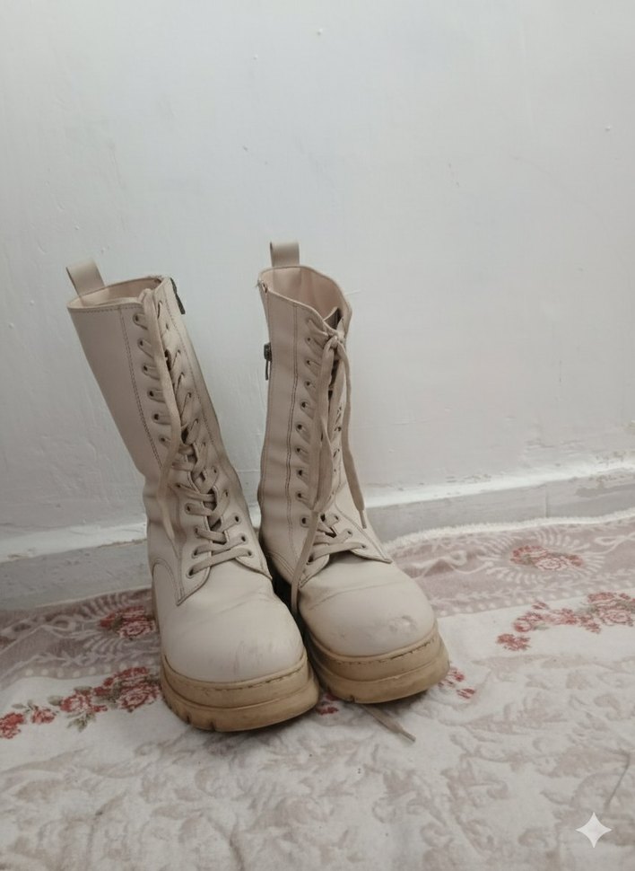 Bej Deri Bağcıklı Kadın Botu - Görsel 4