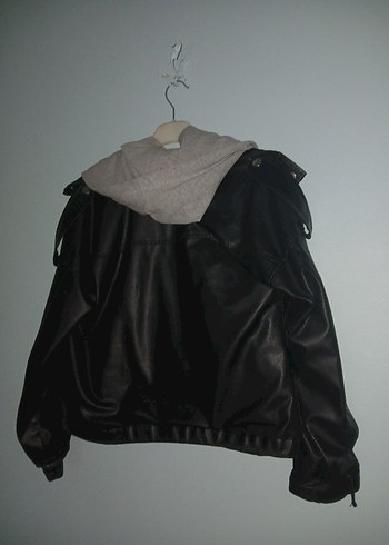 Gri Deri Kadın Ceket, Kemerli, Rahat Kesim - Görsel 4