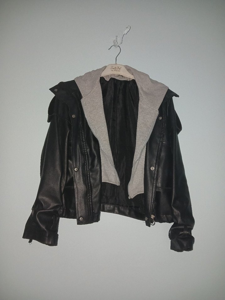 Gri Deri Kadın Ceket, Kemerli, Rahat Kesim - Görsel 2